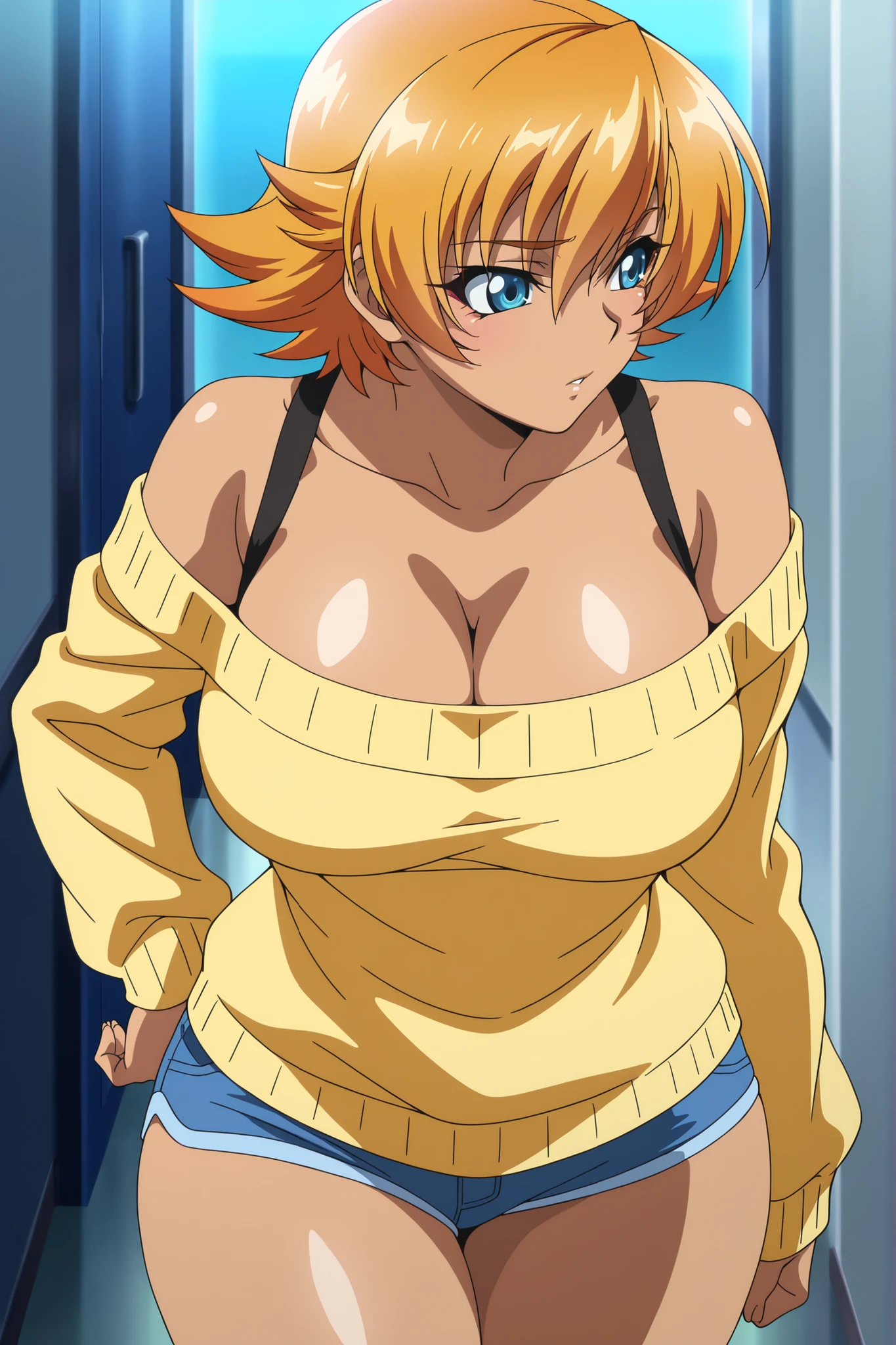 masterpiece,best quality, amazing quality, very aesthetic,anime screencap ,1girl, Igawa Sakura, orange hair, short hair, flipped hair, blue eyes, curvy, large breasts, thighs, off-shoulder sweater, short shorts, bare shoulders,