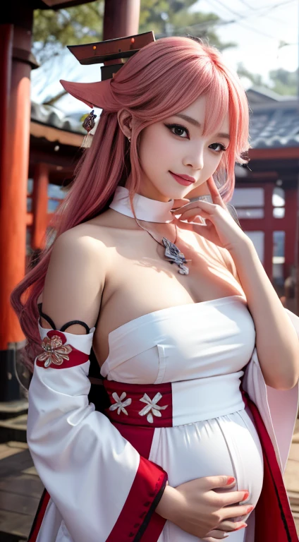 (Masterpiece, Excellent, 1girl, solo, complex details, color difference), realism, ((medium breath)), off-the-shoulders, big breasts, sexy, Yae Miko, long pink hair, red headdress, red highlight, hair above one eye, green eyes, earrings, sharp eyes, perfectly symmetrical figure, choker, neon shirt, open jacket, turtleneck sweater, against the wall, brick wall, graffiti, dim lighting, alley, looking at the audience, ((mean, seductive, charming)), ((cherry blossom background ))),((Japanese temple background)))), (((Glow-in-the-dark background)))