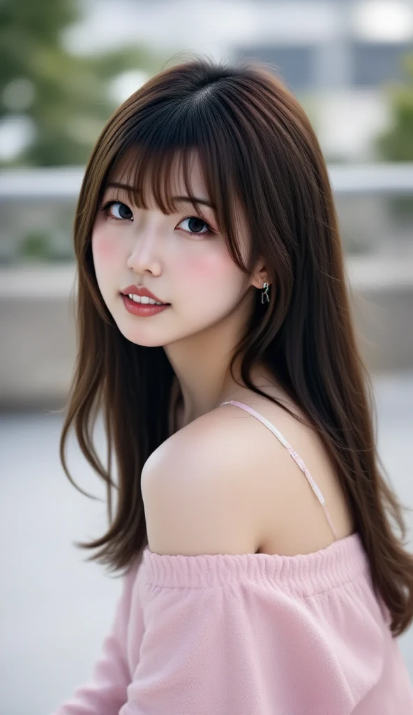 masterpiece, highest quality, High resolution, table top、wallpaper, realistic, bright lighting, professional lighting, face light, smooth lighting, japanese girl, cute, sad expression, Beautiful girl, gravure, sexy, super beautiful, beautiful skin, beautiful and detailed eyes、detailed face、slim、moderately、Medium hair, brunette colored hair, brown eyes, looking away, bandeau top, sunset