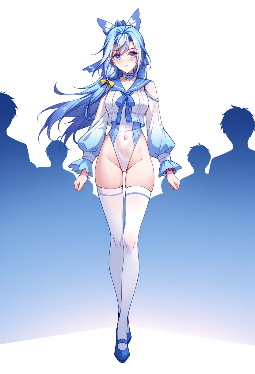 ((best quality, masterpiece, 4k, best anatomy)), moody lighting, beautiful elf woman, (platinum blue hair), ((very long hair)), perfect face, innocent smile, (red eyes), (naked), (petite), (slender), ((flat chest)), ((18 years old)), skindentation, extreme detail, attractive oval face, pink lips, pink nipples, glossy skin, detailed hair, face focus, close-up chest, gold ornamental necklace, earrings, (1 girl), blush, embarrassed expression, ((high heels)), standing, long legs, ((thigh-highs)),