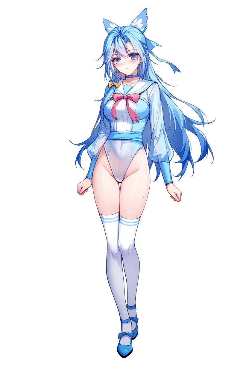 (((high quality))),(((masterpiece))),(((highly detailed))),((illustration style)),
(((one women))),(((yagokoro eirin))),(touhou),(((blue eyes))),(((long hair, light blue hair))),(((braid,single braid,bangs))),(((nurse cap,blue hat))),(((white leather jacket))),(((blue full bodysuit))),((latex)), (shiny clothes:1.2),(((grin))),(((large breasts))),(((full body))),(((arm behind head))),(((model posing))),((((simple white background))),(((Angle from below)))