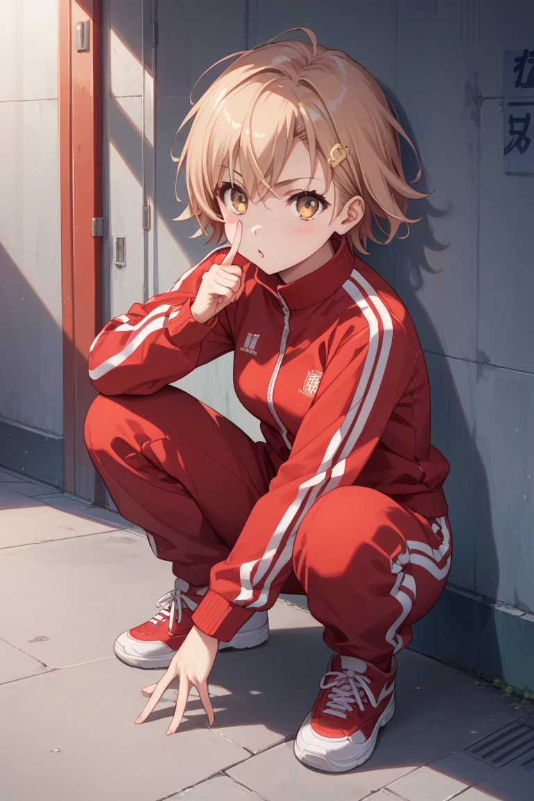 1girl,  angry,  curly hair, looking at viewer,(beautiful detailed blue eyes), (Persona:1.1),squatting,  spread legs,amagi_yukiko, (over size Colorful track suit pants), hand on hips, line off, barefoot, smile, (((A girl who moves her hips left and right))), ((((highlight in eyes)))), blue sky, (((small mat))), caustics, ((((Narrow gravel road)))), (anime), (thick outline), Sand road