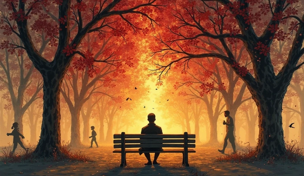 A figure meditates on a park bench at dusk, their aura a storm of gold and crimson brushstrokes. Trees lean toward them, leaves glowing faintly, while joggers and birds avoid the space, their forms sketched in charcoal-gray washes.