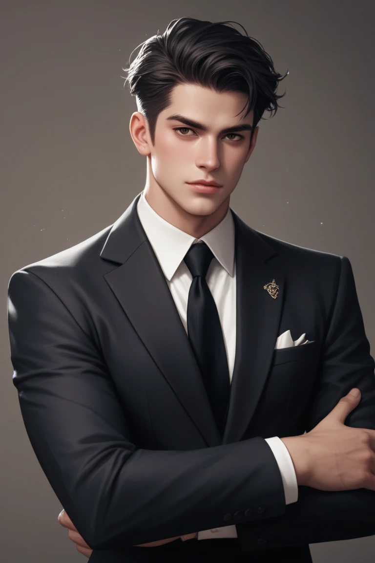 Semi-realistic image of a man.22 years old with black hair and dark brown eyes.Has a firm and cold facial structure.Having strong Indonesian and Dutch genes and combining them with each other.Has a strong mafia vibe.Wearing a black suit and black shirt.Have a fit, fresh body ,and healthy.Has an aura of authority, dominance and manipulative.Seems heartless and cruel. Has a sharp gaze.

Posing casually with his arms crossed.
