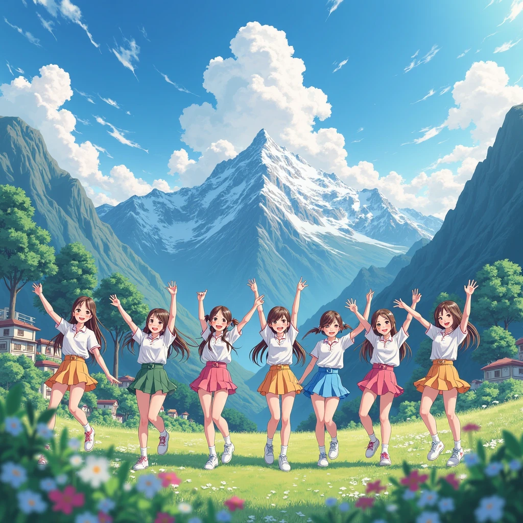a 7 idol girl grup, playing in mountain, and happy, using simple outfit and town outfit 