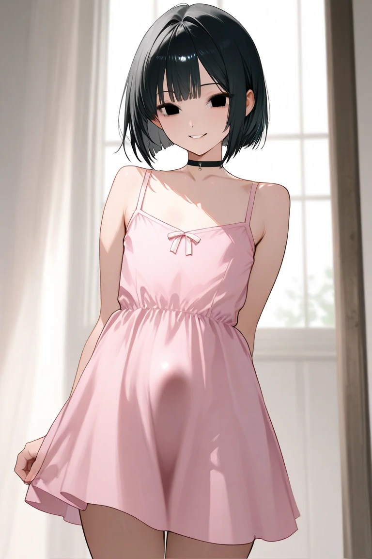 1girl. Japanese petit. Smile. (masterpiece). (best quality). (insanely detailed). . nsfw. Slit Pussose up Mons pubis. Flat chest. Upright standing posture. from below.