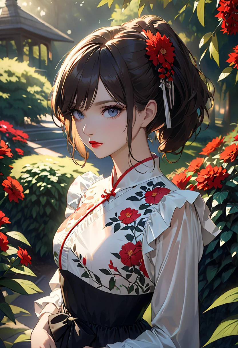 lndswgnr, (sharp concentration: 1.5), (sharp concentration:1.2), pictures, attractive young woman, (beautiful face:1.1), detailed eyes, Luscious Lips, (Bold red lip color:0.85), (Medium Chest:1.0), (slender body:1.2), wear (1980s Peplum Dress:1.2) in (botanical garden where two people join arms:1.2). (Moody Lighting:1.2), depth of field, Bokeh, 4K, high resolution.  on ne (James C. Christiansen:1.2|Jeremy Lipking:1.1).