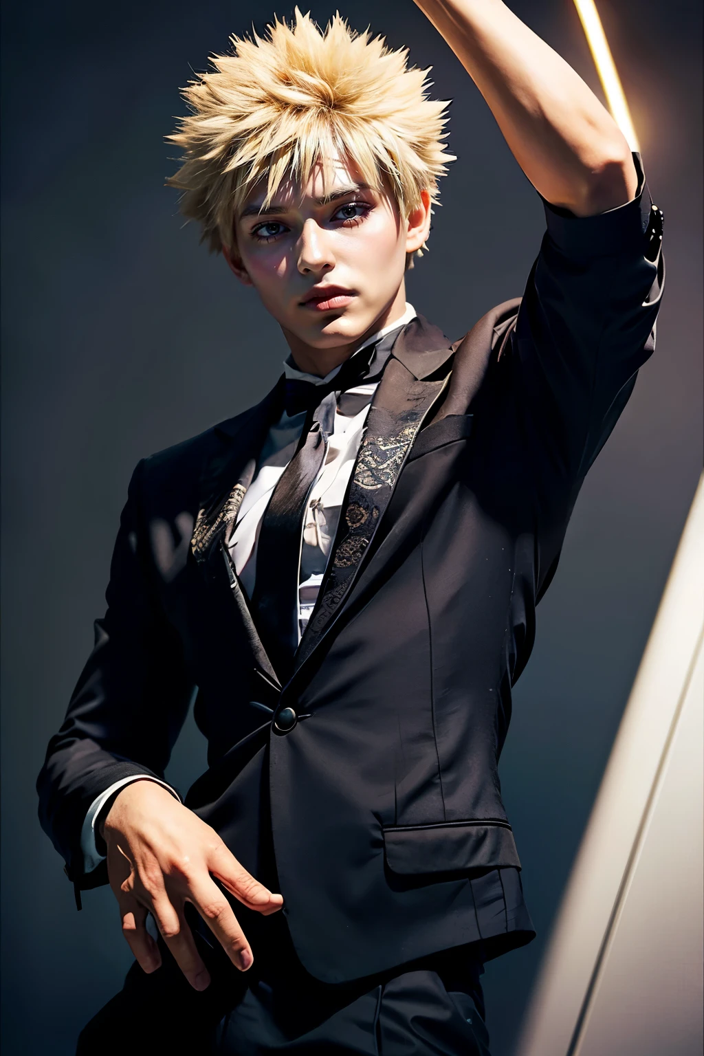 ((masterpiece, lace, super definition, high definition)), A young man, Katsuki Bakugo, MY HERO Academia, short blond hair, bright eyes, perfect red eyes , 25 years, black suit, grin, beautiful skin , backwards, sparks,