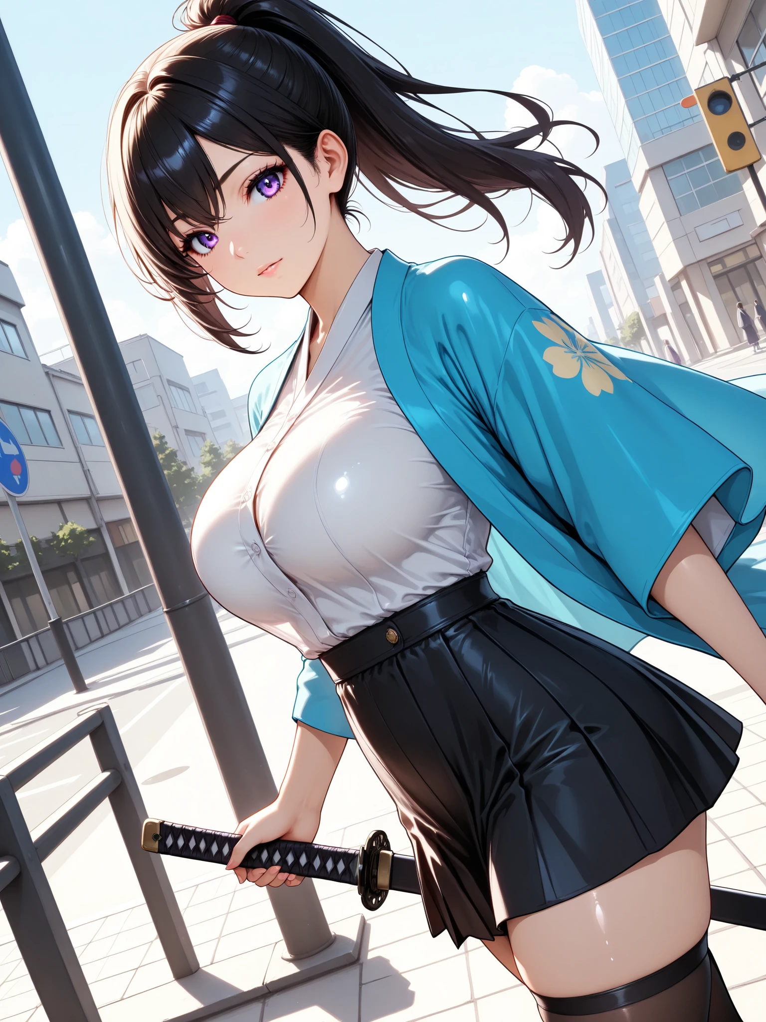 (haori,:1), Japanese sword , fallen demon ,high ponytail ,Shiny Hair, large breasts, skirt,black stockings, pedestrian crossing