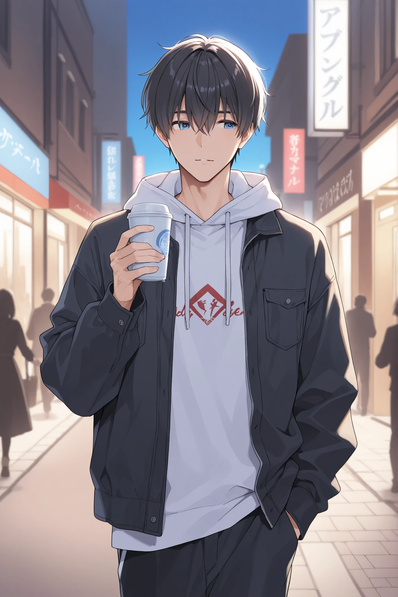 masterpiece, city, 1boy, black hair, red eyes, gray t-shirt, sweatpants izumi name tag as NyctoPhilia