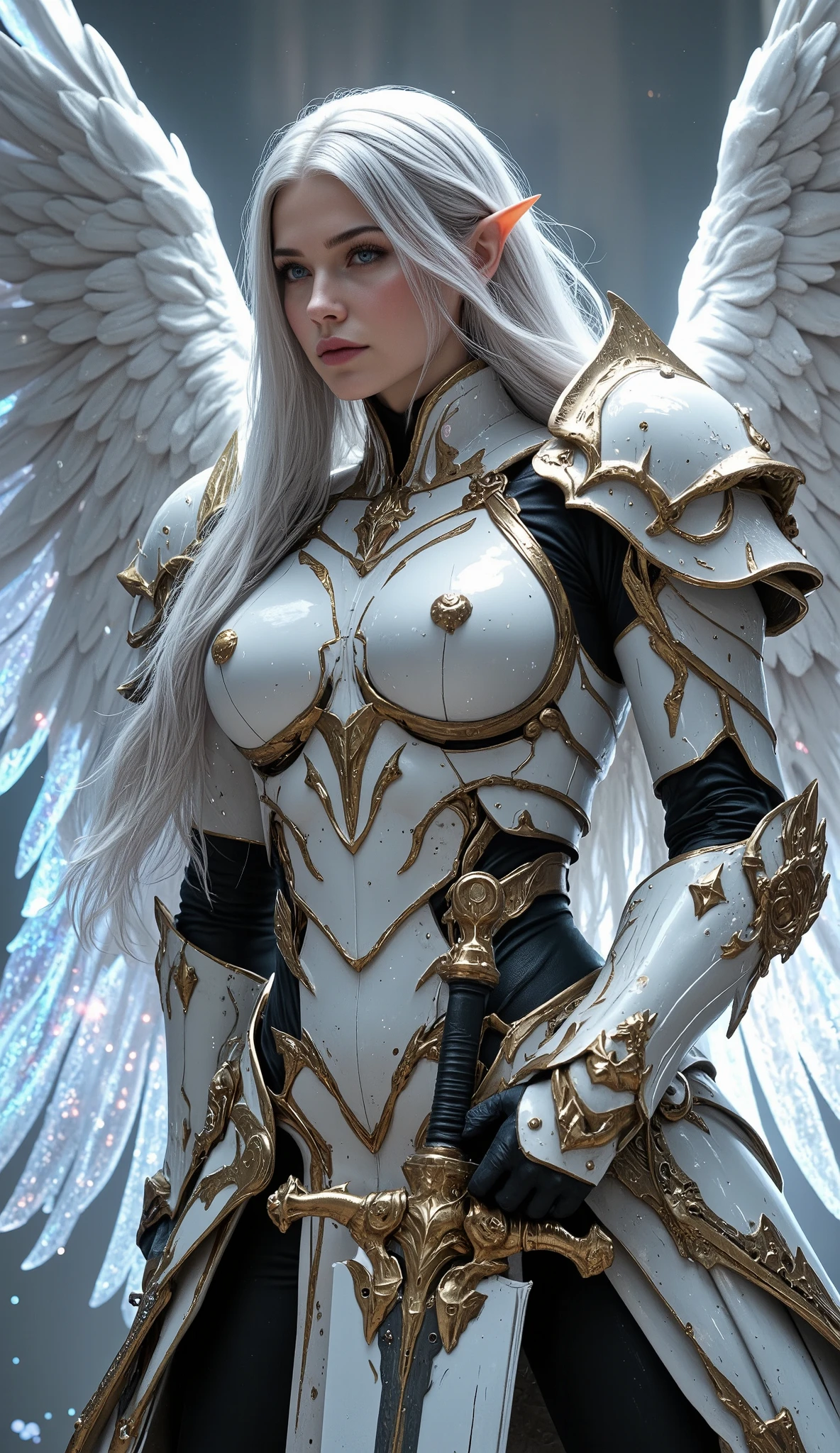 (realistic, Solo, 1girl wearing cyber armor, beautiful blue eyes, long silver hair, holographic archangel wings, (huge breasts: 1.3), (nude: 0.8) (simple glowing background:1.25), (holding giant sword in front of her, holding sword:1.3), masterpiece, best quality, high-angle, Hyperdetailed, masterpiece, best quality, 8k, natural lighting, diffused moonlight glow, sunlight, HDR (High Dynamic Range), Maximum Clarity And Sharpness, Multi-Layered Textures white and bronze armor