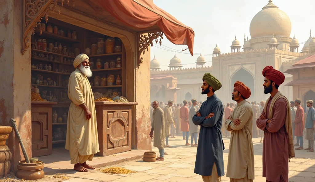 A Mughal-era Indian market scene with a humble, honest shopkeeper standing outside his small spice and grain shop. The shopkeeper is an older man with a white beard, wearing simple traditional clothes and a light turban. He looks calm and kind. In the foreground, three young Indian friends observe him curiously — one cheerful (in a light brown kurta and maroon turban), one serious (dark blue kurta and red turban, arms crossed), and one curious (cream kurta, green scarf, brown turban, leaning forward). Background includes domed architecture, warm sunlight, and light crowd activity. Semi-realistic digital painting, soft earthy tones, white background optional for clarity."
