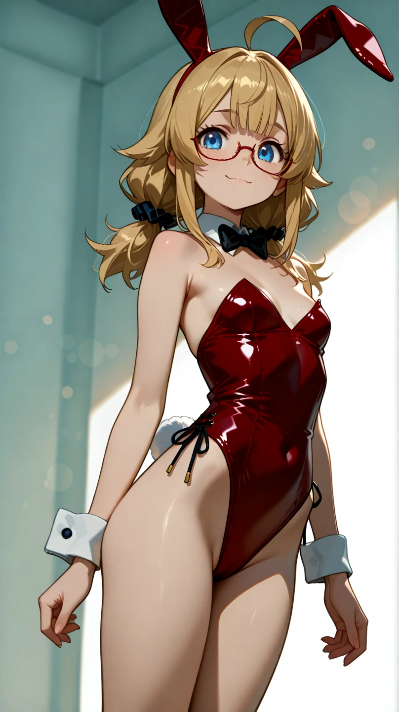 masterpiece, best quality, highly detailed, ultra high res, ayase arisa, 1girl, solo, hair ornament, long blonde hair, glossy lips, medium breasts, aqua eyes, light smile, bunnygirl, (red strapless leotard), bunny ears, detached collar, wrist cuffs, (fishnet tights)