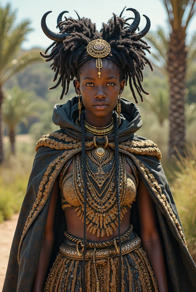 arafed man in a straw hat walking down a dirt road, african princess, futuristic himba age girl, african queen, black african princess, stunning african princess, anthropological photography, himba hairstyle, beautiful futuristic himba woman, tom chambers photography, wearing a crown and cape, futuristic himba young woman, absolutely outstanding image, man with a crown