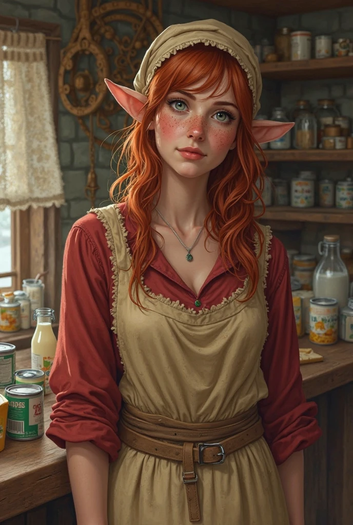 Half-elf shepherdess, looks like 35 . red hair,  headscarf . freckles on face. green eyes. stocky build, Big breasts.. red dress, beige dirty apron over it. There are cans of milk at the counter. At the counter there are cans of milk, cheese, cottage cheese. Behind a low stone wall.