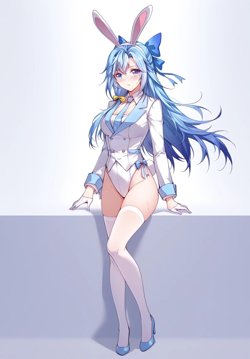 (One very tall woman,Navy Blue Hair,Her hairstyle is twin tails that expose her forehead., yellow eyes,Medium chest,Wide hips,Dynamic Angle)Bunny costume,