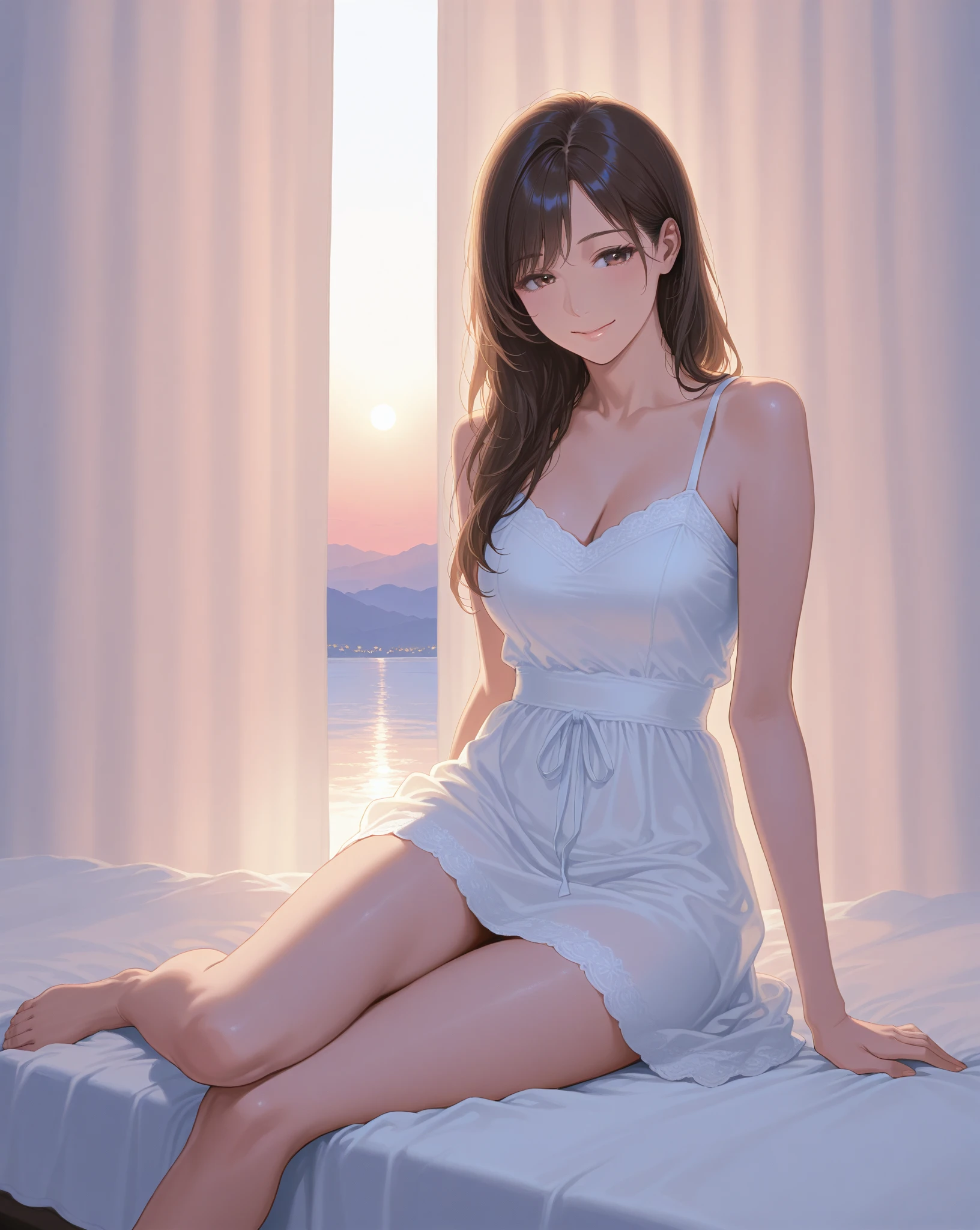 Cute Thai girl with shoulder-length dark shaded hair, blue eyes, He is wearing a tight fitting white shirt with a low neckline. (Bust 38 inches), slim fit light blue jeans, Sitting on a bed with a sliding glass door behind, Beach view.
(Highest quality,4K,8K,High resolution,masterpiece:1.2), Super detailed, (Realistic,photoRealistic,photo-Realistic:1.37), High resolution, 超High resolution, Studio Lighting, Very detailed explanation, Professional, Vibrant colors, Bokeh, Portraiture, Beach Color.