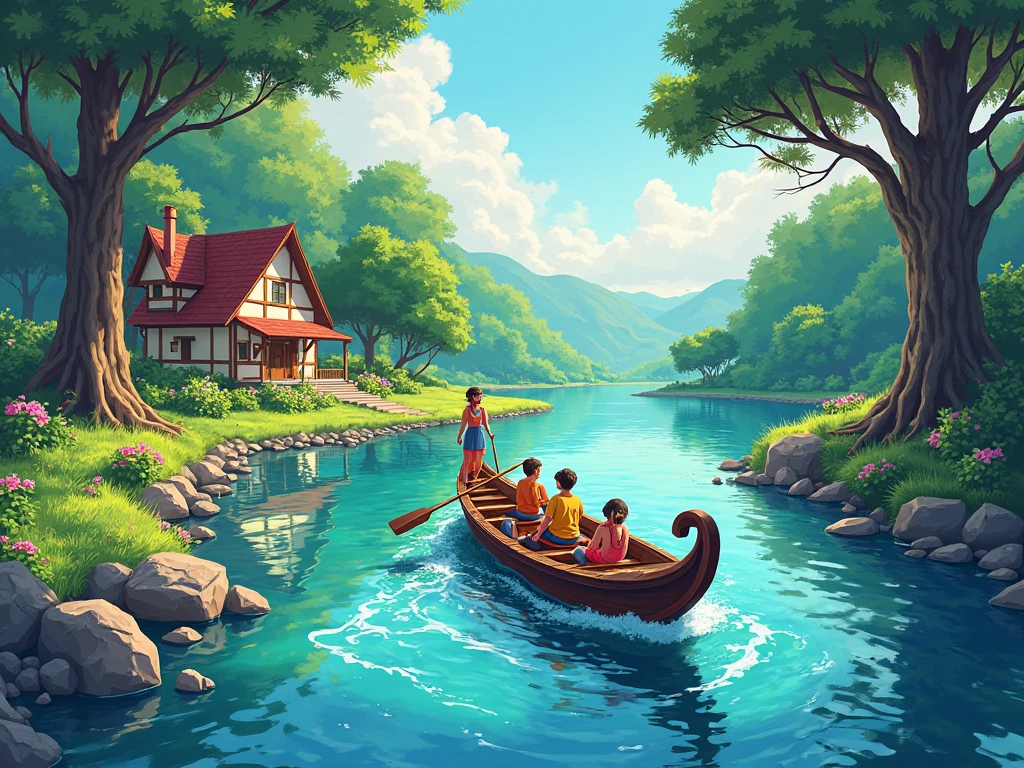 draw a picture using contrasting colors with a picture of a boat traveling on a river with a house 
