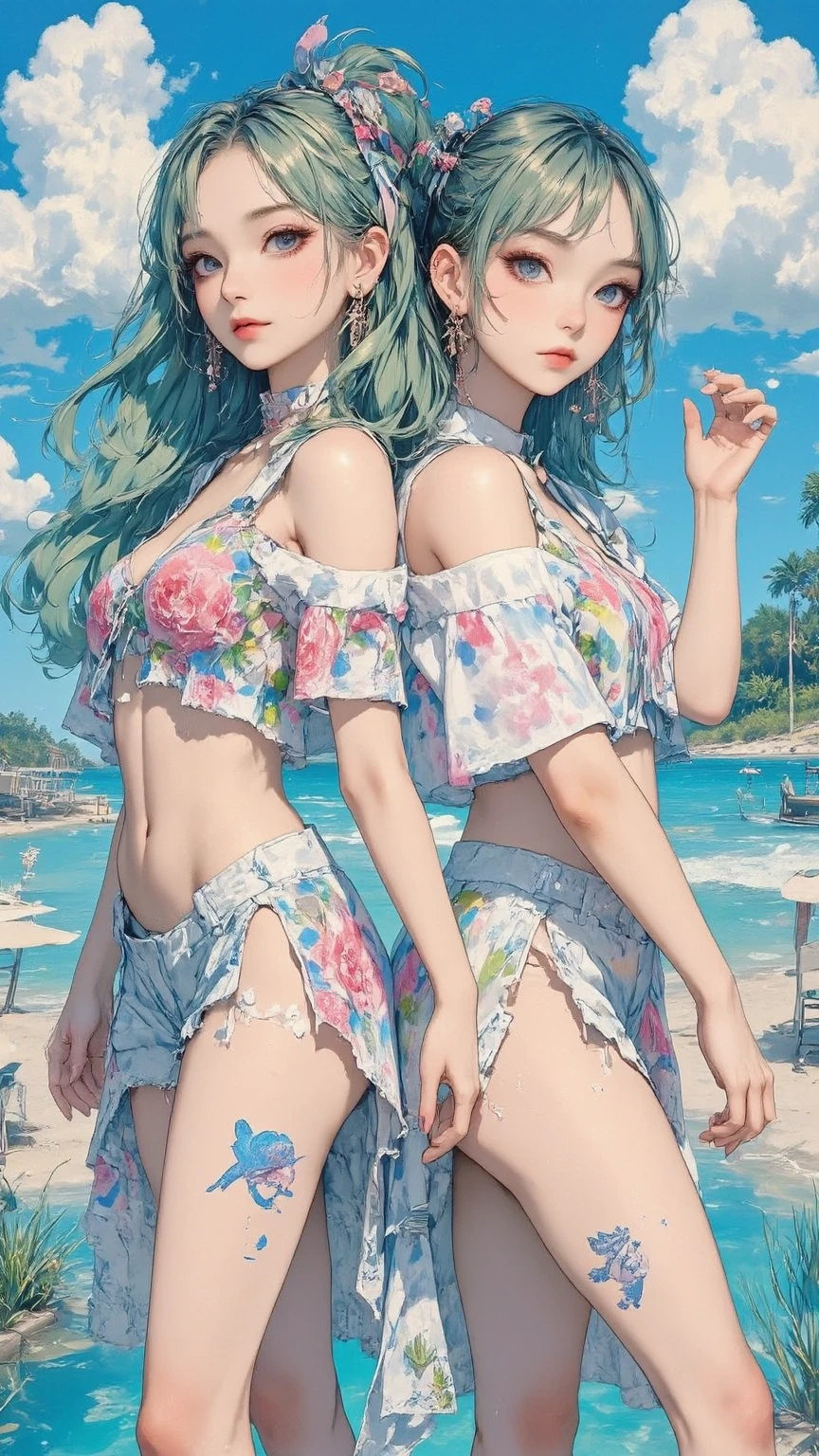 ((4K, Best Quality, CG, Real Skin)), 1 Girl, White, Facing the Camera, Ass Up, Standing, No Underwear, No Underwear, No Panties, No Panties, Bright, Big Breasts, Peach Buttocks, Short Green Hair, White V-Neck Off-the-Shoulder Short Sleeves, White Short Skirt, White Short Skirt, Pink G-string, (Clear Clothes: 1.8), (Wet Clothes: 1.8), Look Up Closeup