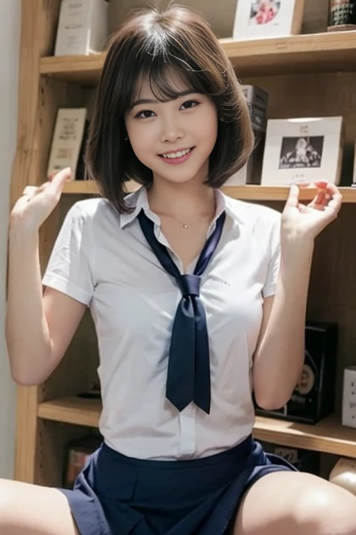 ((top-quality、8K、masterpiece:1.3))、Pretty women、20 years girl、K-pop Idol Face、Colossal tits:1、slender figures:1、dark brown hair、(white walls)、(Cabin Attendant Uniform)、hyperdetailed face、Detailed lips、A detailed eye、二重まぶた、sexy pose、A smile、Sexy Shots、Raw photo、a baby face、kawaii faces、Cute