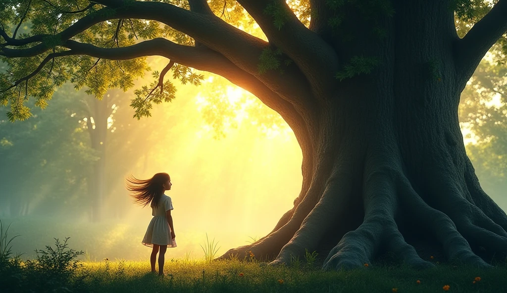 Location: Inside the forest, near a huge tree.
the weather: . The sun leaks through the trees, creating magical lights and shadows..
 Personality :
	• The : her eyes expand in surprise, and her hair is flying gently with the wind.
describe the scene: The  stands in front of the huge tree, which is characterized by its wide trunk and crooked branches. هناك شعور غريب يملأ Location، وتبدأ الفتاة في استكشاف الشجرة عن كثب
