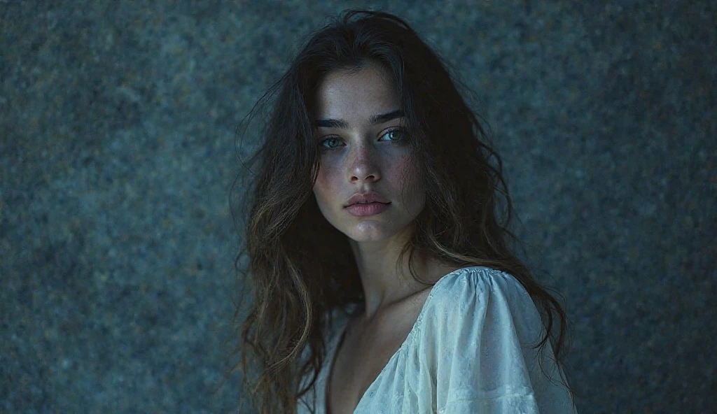 a brunette woman, pretty landscape, whole body, sea side, hand in hair, in a robe