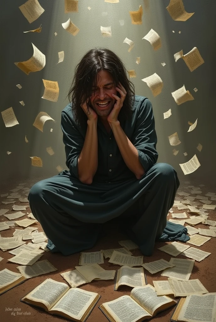 A PERSON DISTRESSED IN DOUBT WITH SCRIPTURE PAPERS FALLING IN THE BACKGROUND