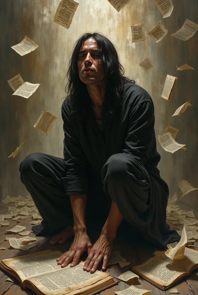 A PERSON DISTRESSED IN DOUBT WITH SCRIPTURE PAPERS FALLING IN THE BACKGROUND