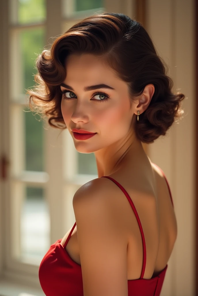 (Masterpiece.UHD.photorealistic) (full body) an ultra hot gorgeous brunette woman with beautiful detailed eyes,beautiful detailed full lips, gorgeous face. Full red lips.extremely detailed eyes and face,longeyelashes, epic cleavage (100e breast size) ,bun.freckles. intricate detailed facial features, e Kline.off shoulder dress,flowing ethereal dress,dramatic lighting,cinematic angle,in a 1940 interior. vibrant colors,warm color palette.