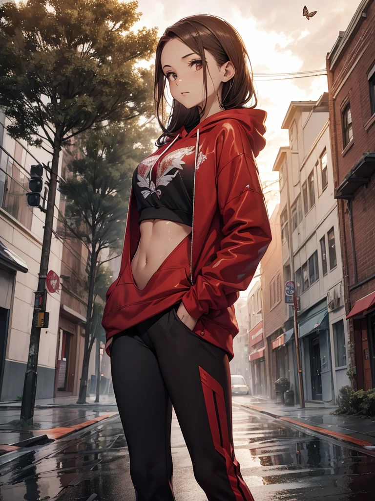 young woman in a red hoodie with a rhinestone butterfly design and dark gray workout pants, gorgeous face, brown hair, standing on a wet sidewalk with arms raised overhead. She is wearing running shoes and the setting is an overcast day in an urban neighborhood with trees in the background and brick buildings on the side. The atmosphere is casual and relaxed, captured in natural lighting.