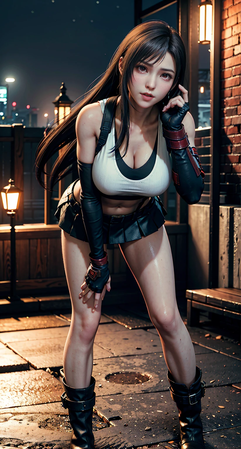 (8k, best quality, masterpiece:1.2), (realistic, photo-realistic), ultra-detailed, 1 girl,cute, solo, (tifa lockhart), (huge breasts), beautiful face, (closed mouth), erotic pose, posing, neon lights, cityscape, depth of field, depth of field, good composition, Final Fantasy VII, ankle boots, black hair, black thighhighs, red boots, elbow gloves, elbow pads, fingerless gloves, taut shirt, sports bra, (suspenders attached to skirt), thighhighs, (white tank top), full body, very long hair, ((red_eyes)), yellow flowers, (night), bokeh, cinematic lighting, nsfw, perfect breasts, sakimichan style
