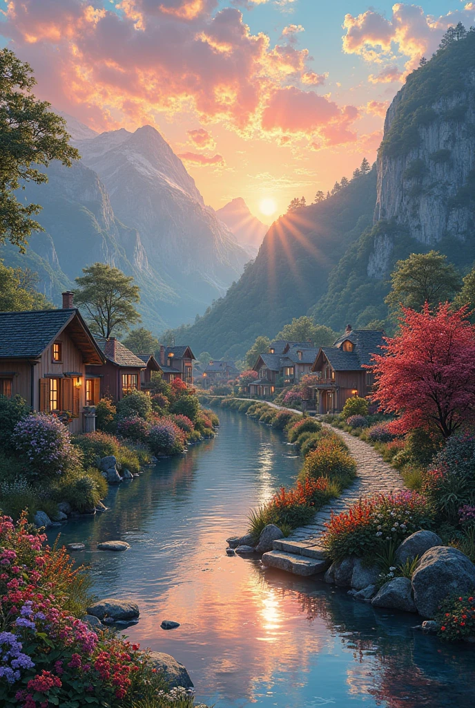 A small village by the river, color of the mountain in the background, colorful flower flowers, detailed landscape, beautiful natural scenery, atmospheric lighting, scorching sunset, warm colors, Practical, фотоPractical, detailed foliage, complex buildings, paved street, charming country house, swirl bright colors, lush vegetation, reflections on water, picturesque, idyllic, artwork, the best quality, 8k, very detailed, anime styling