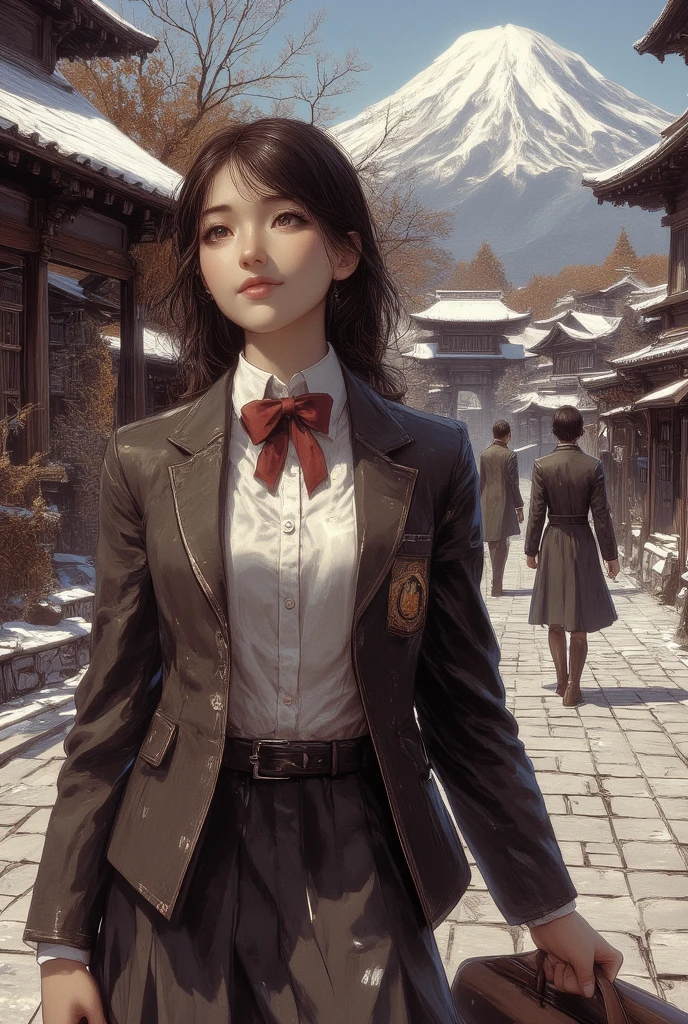 best quality, masterpiece, New Year, (gently smiling:1.5),(()), ((dark brown all over top and bottom、 ready,No sagging、Wrinkle-free 、Neat uniform:1.7)), ((well-balanced body:1.6)), (Japanese-junior-high-school-dark brown all over top and bottom制服-blazer-uniform:1.5), Small reddish bow tie, with a school bag, ((too much smile)), very cute, face, head and waist fully visible, (soft eyes:1.2) 、 (one innocent and pure junior-high-school-girl:1.5) , (The image shows only the upper body:1.7), shrine background,(only one mount Fuji:1.3), ((winter)),(outdoors:1.5)