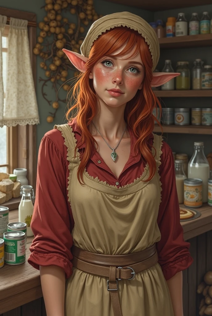 Half-elf shepherdess, looks like 35 . red hair,  headscarf . freckles on face. green eyes. stocky build, Fat,  but not too , Big breasts. red dress, beige dirty apron over it. Behind the counter on the open market,  on the street. There are milk cans on the counter, cheese, cottage cheese.