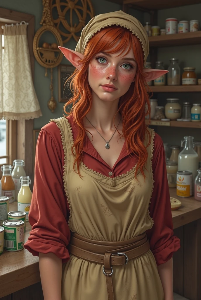 Half-elf shepherdess, looks like 35 . red hair,  headscarf . freckles on face. green eyes. stocky build, Fat,  but not too , ???????????. red dress, beige dirty apron over it. Behind the counter on the open market,  on the street. There are milk cans on the counter, cheese, cottage cheese.