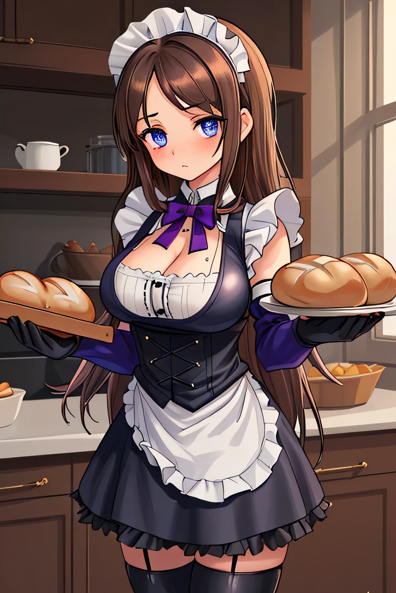 <lora:SimpleImprove_3:1> , nyx, brown hair, long hair, green eyes, Maid uniform, miniskirt, cleavage, blushing, holding a plate, in a tavern, restaurant, wood table, cowboy shot, maid headdress, black thighhighs   <lora:Nyx:.9> ,, best quality,  8k, 4k, ornate, Detailed Illustration, intricate, sharp focus, ray tracing, light particles, ultra-high-detailed, volumetric lighting,perfect lighting, cinematic lighting,