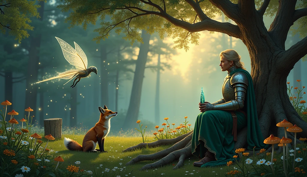A knight in silver-etched armor sits upon an ancient tree root, their visor raised to reveal a face softened by wonder. Their emerald-green cloak, embroidered with silver thread, pools around them like liquid moss. One gauntleted hand rests lightly on their sheathed sword, while the other holds a crystal vial catching the fading light. Their expression is one of quiet awe, listening to the unseen singers around them. Floating across the clearing, a willowy fae spirit drifts just above the wildflowers, their translucent wings shimmering with bioluminescent patterns. Their elongated fingers trace glowing runes in the air as they hum an ancient melody. At the spirit's feet, a fox with star-dappled fur watches the knight with curious, knowing eyes. The scene unfolds in a hidden glade at the forest's heart, where the trees form a natural cathedral of gnarled branches. The air shimmers with dancing fireflies and floating pollen, each particle glowing faintly. Mushroom circles pulse with soft light, and the remnants of a stone altar peek through the moss nearby. The time is the magical hour between dusk and night, when shadows grow long but color still lingers in the sky. The last golden rays of sunset filter through the canopy, blending with the cool blues of approaching twilight. This mingled light catches on the knight's armor, the fae's wings, and the dew-covered grass, creating an ethereal glow. The mood is peaceful yet charged with ancient magic, as if the glade itself breathes in time with the fae's song.