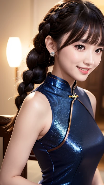 Realistic, masterpiece, highest quality, Highest resolution, One Japanese woman, Happy smile, Detailed and beautiful eyes, Iris, Sparkling eyes, Thin eyebrows, Gives your eyelashes a delicate finish, False eyelashes, Natural Makeup, (Braided Hair, Blunt bangs, Brown Hair:1.2), Detailed face, She looks to the side and into the distance, laughing, Mouth open, cheeks pink, (A navy blue cheongsam with flashy and glittering decorations:1.3), Upper body photo, Portrait background