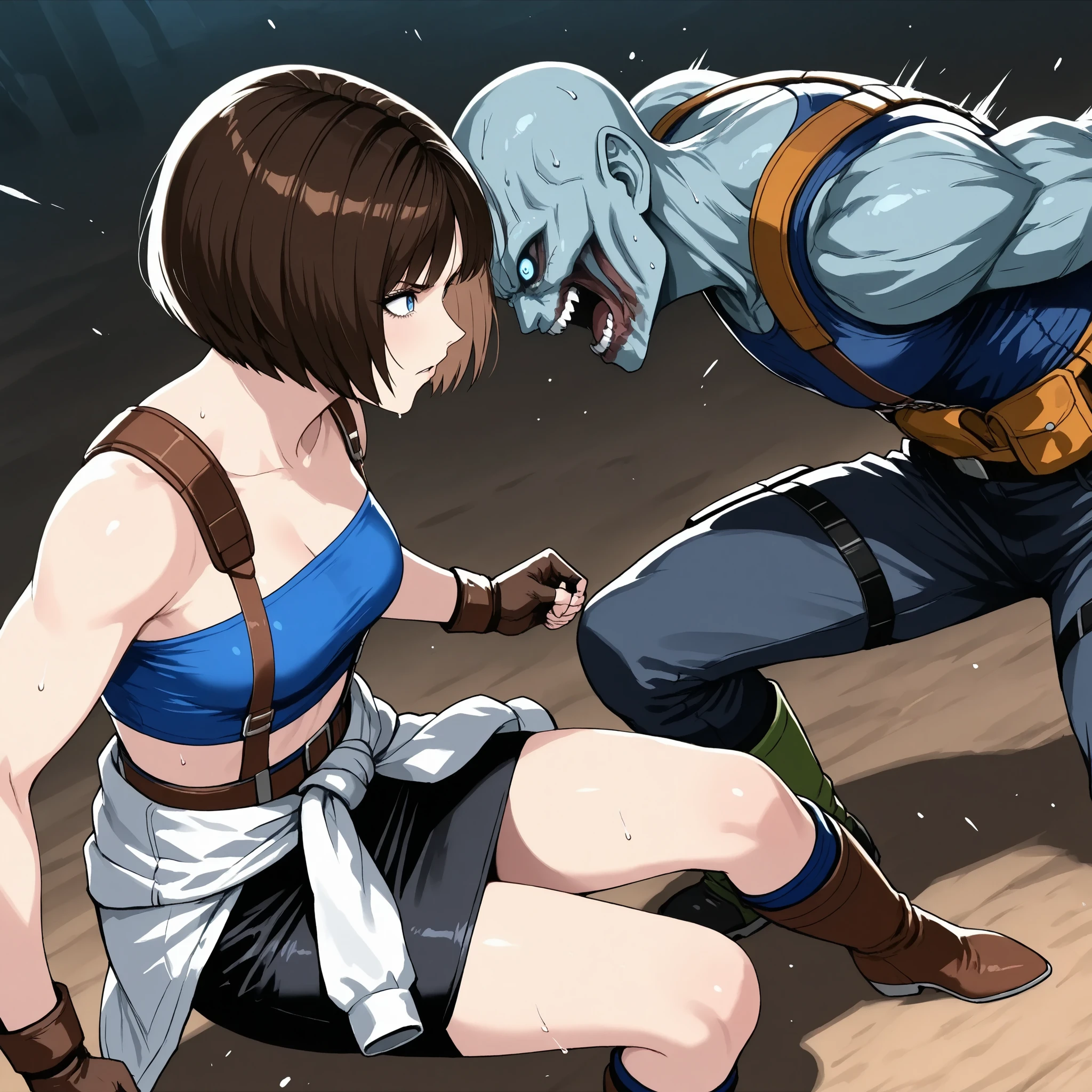 1 Person Monster. jll Valentine,Attack Avoidance Woman.blue eyes.sweat.from above ,Action. Evasion,from side, high angle,from the side,sidemap, Giant Zombie Attack ,Female 1.in the world of Resident Evil 3. Jill and giant zombies face off. Jill's Crisis. , brown hair, blue tube top, bob cut, short hair, suspenders,black pencil skirt, . .,Wearing white clothes around her waist, boots,. battlefield. active angle. dynamic composition,action.hand,.,hand,Enchanting Eyes,
female saiyan,