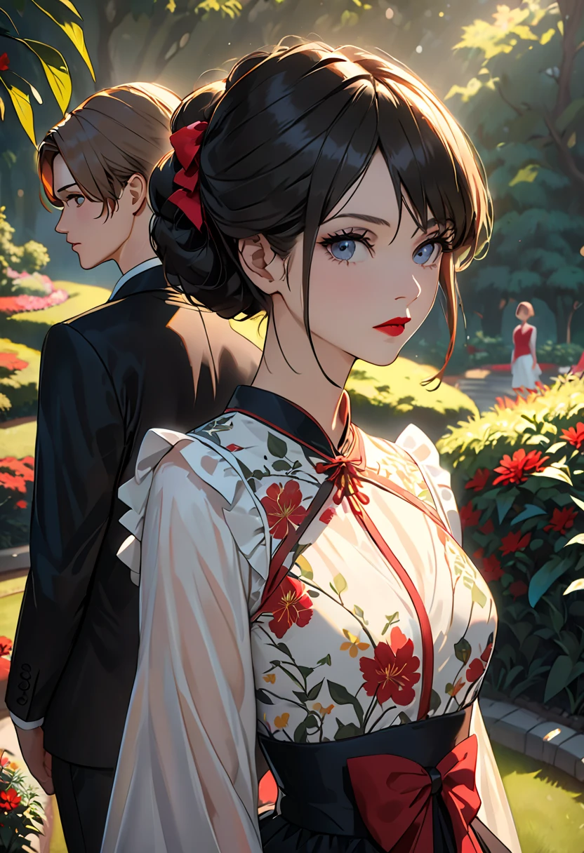 lndswgnr, (sharp concentration: 1.5), (sharp concentration:1.2), pictures, attractive young woman, (beautiful face:1.1), detailed eyes, Luscious Lips, (Bold red lip color:0.85), (Medium Chest:1.0), (slender body:1.2), wear (1980s Peplum Dress:1.2) in (botanical garden where two people join arms:1.2). (Moody Lighting:1.2), depth of field, Bokeh, 4K, high resolution.  on ne (James C. Christiansen:1.2|Jeremy Lipking:1.1).