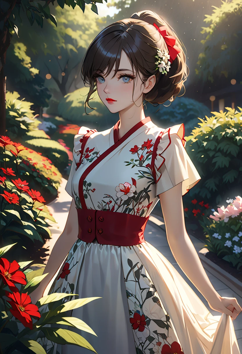 lndswgnr, (sharp concentration: 1.5), (sharp concentration:1.2), pictures, attractive young woman, (beautiful face:1.1), detailed eyes, Luscious Lips, (Bold red lip color:0.85), (Medium Chest:1.0), (slender body:1.2), wear (1980s Peplum Dress:1.2) in (botanical garden where two people join arms:1.2). (Moody Lighting:1.2), depth of field, Bokeh, 4K, high resolution.  on ne (James C. Christiansen:1.2|Jeremy Lipking:1.1).