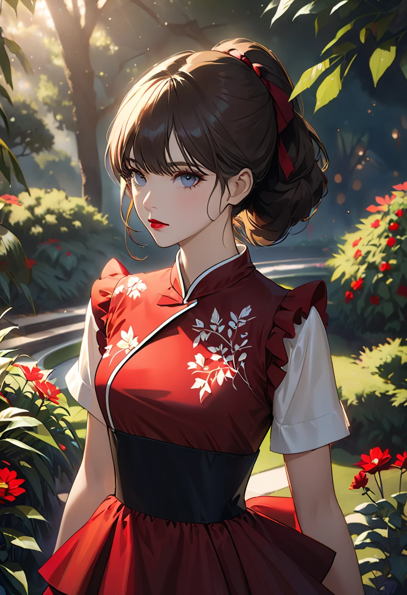 lndswgnr, (sharp concentration: 1.5), (sharp concentration:1.2), pictures, attractive young woman, (beautiful face:1.1), detailed eyes, Luscious Lips, (Bold red lip color:0.85), (Medium Chest:1.0), (slender body:1.2), wear (1980s Peplum Dress:1.2) in (botanical garden where two people join arms:1.2). (Moody Lighting:1.2), depth of field, Bokeh, 4K, high resolution.  on ne (James C. Christiansen:1.2|Jeremy Lipking:1.1).