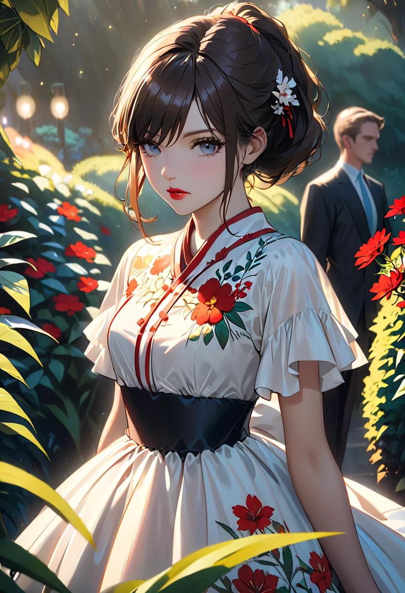 lndswgnr, (sharp concentration: 1.5), (sharp concentration:1.2), pictures, attractive young woman, (beautiful face:1.1), detailed eyes, Luscious Lips, (Bold red lip color:0.85), (Medium Chest:1.0), (slender body:1.2), wear (1980s Peplum Dress:1.2) in (botanical garden where two people join arms:1.2). (Moody Lighting:1.2), depth of field, Bokeh, 4K, high resolution.  on ne (James C. Christiansen:1.2|Jeremy Lipking:1.1).