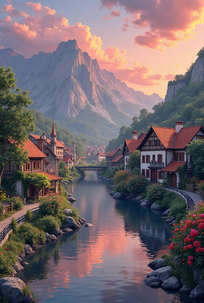 a small village by the river, mountains in the background, floral flowers colorful, detailed landscape, Beautiful natural landscapes, atmospheric lighting, scorching sunset, warm colours, practical, photopractical, Detailed Foliage, complex buildings, cobblestone street, Charming country house, swirly vibrant colors, lush vegetation, Still water reflections, Picturesque, idyllic, work of art, best qualityer, 8k, extremely detaild,anime styling