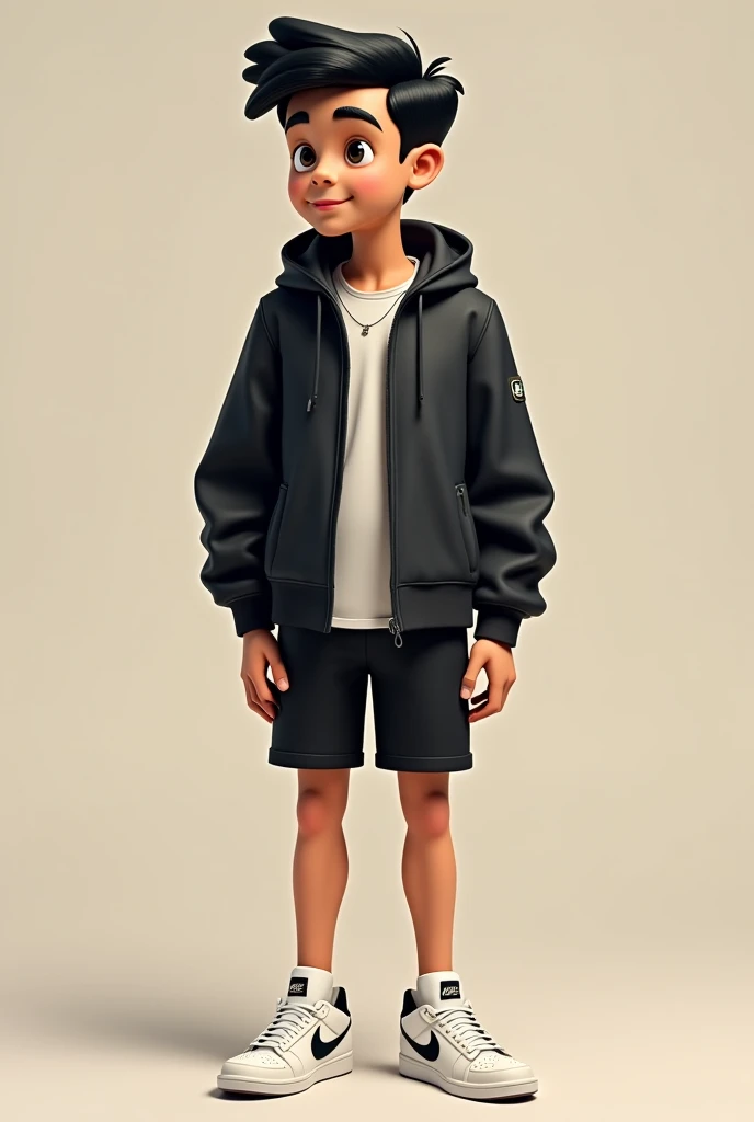 Barefoot boy in black shorts, Black open-topped sweater and under the sweater he has a blue shirt