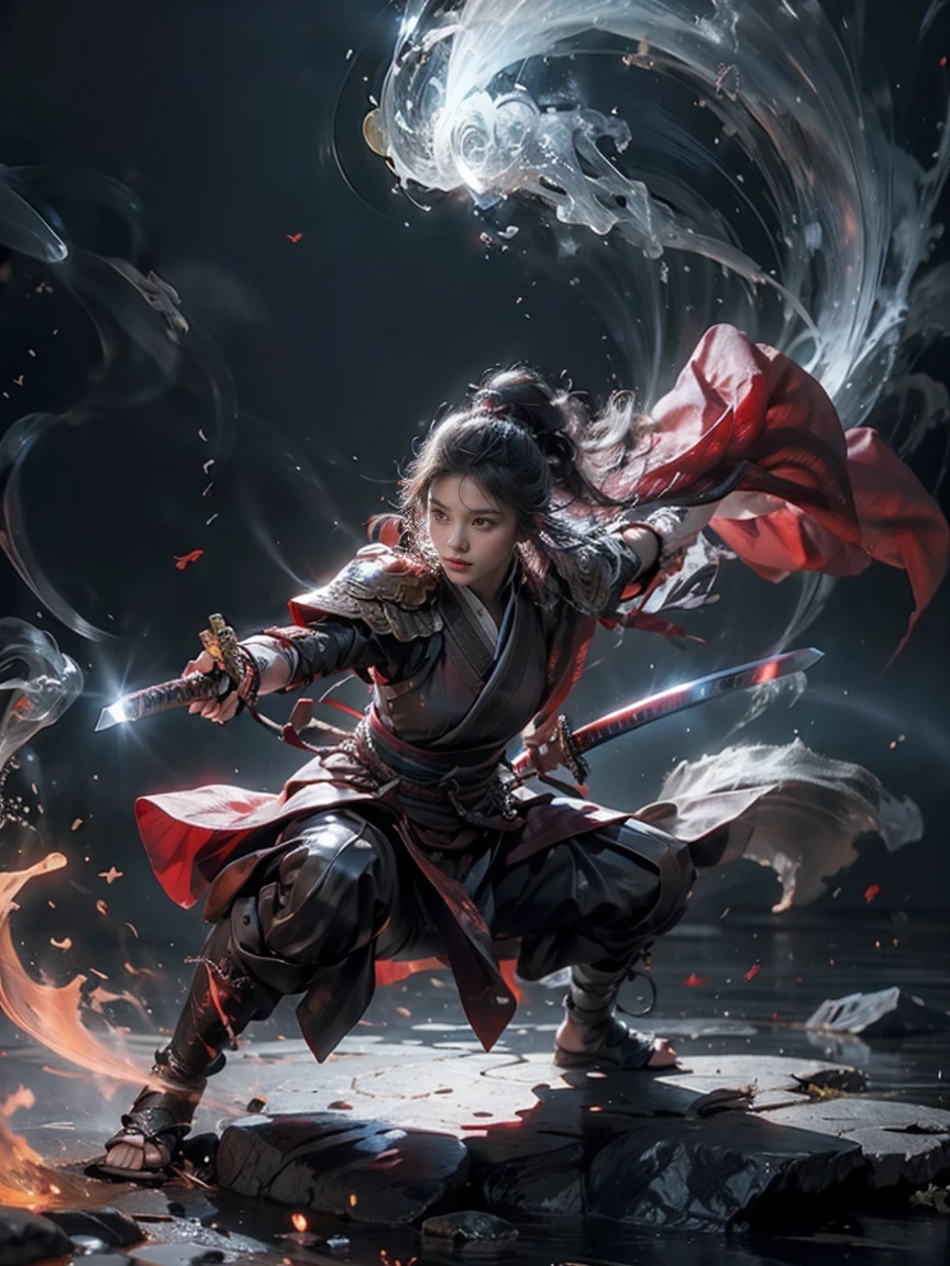 mahakarya，16k，high quality，artwork of a，Jiwa tempur， 1 gadis ，red theme，kabut asap， floating weapon ，long sword， bright lights ，A bright background，sweety face， wajah halus， Living texture ，Photo taken with Sony camera，cinematic lighting，Esbian full body,  Close up view , Looking at Viewers