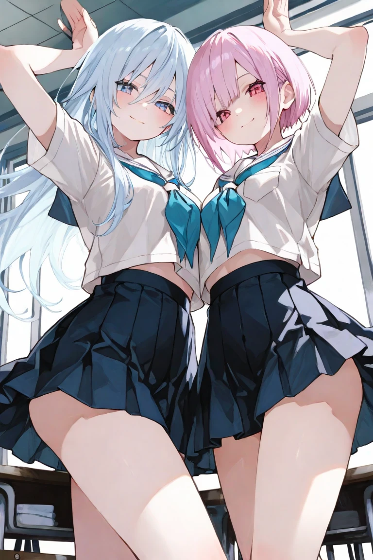 (2 girls), (twins), medium Hair, long hair, ponytail, pink hair, purple eyes, cute white underwear, cute white dress, embarrassed, (cowboy shot), (((((showing underwear))))), (((((skirt lift by myself))))), (((from front))), (from below), ((32K)), ((best quality)), ((ultra high res)), ((HDR)), ((uhd)), ((extremely detailed CG)), ((unity 32K wallpaper)), ((perfect anatomy)),