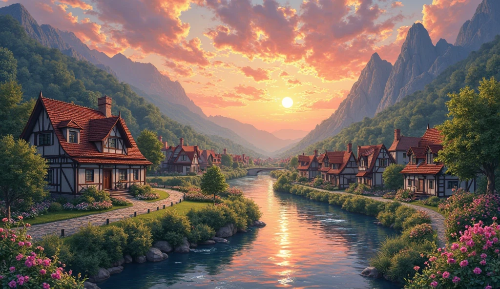 a small village by the river, mountains in the background, floral flowers colorful, detailed landscape, Beautiful natural landscapes, atmospheric lighting, scorching sunset, warm colours, practical, photopractical, Detailed Foliage, complex buildGuddu crept toward the bushes. There she was — the missing chicken — hiding from a sly cat with glowing eyes and twitching whiskers.

Guddu raised his sword high and shouted, “Go away, cat!”
Startled, the cat bolted. The chicken clucked in victoryings, cobblestone street, Charming country house, swirly vibrant colors, lush vegetation, Still water reflections, Picturesque, idyllic, work of art, best qualityer, 8k, extremely detaild,anime styling