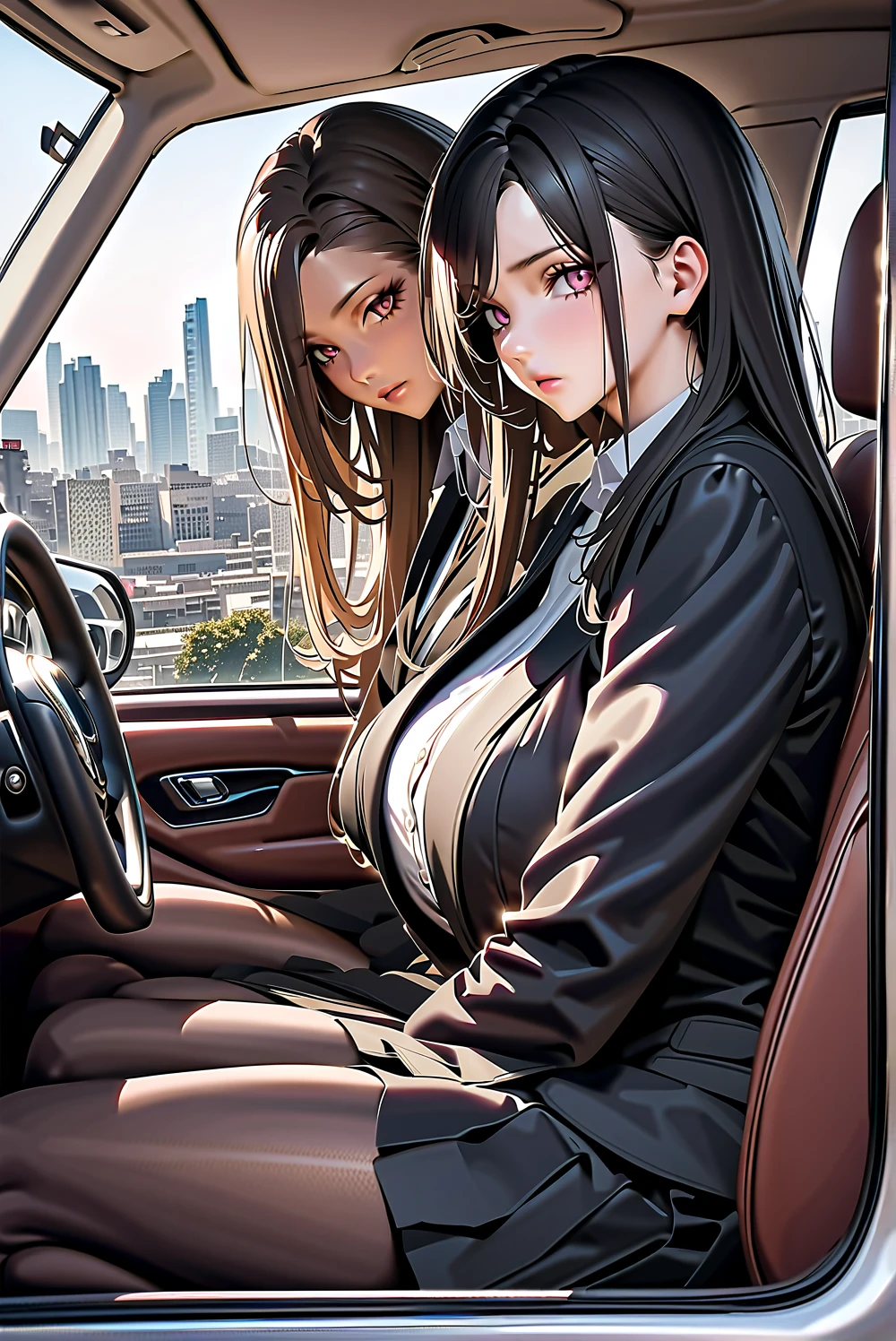 (neocruz and junkotvv)(hands on thighs, backwards, Heavyweight, big boy, leather jacket:1.2), picture of a couple inside a Taxi at evening, 1 chico, male focus, Tall Man, soon one, male with leather jacket, black man, evening:1.4) (Taxi, evening, auto, Backseat, looking at another:1.3) BREAK