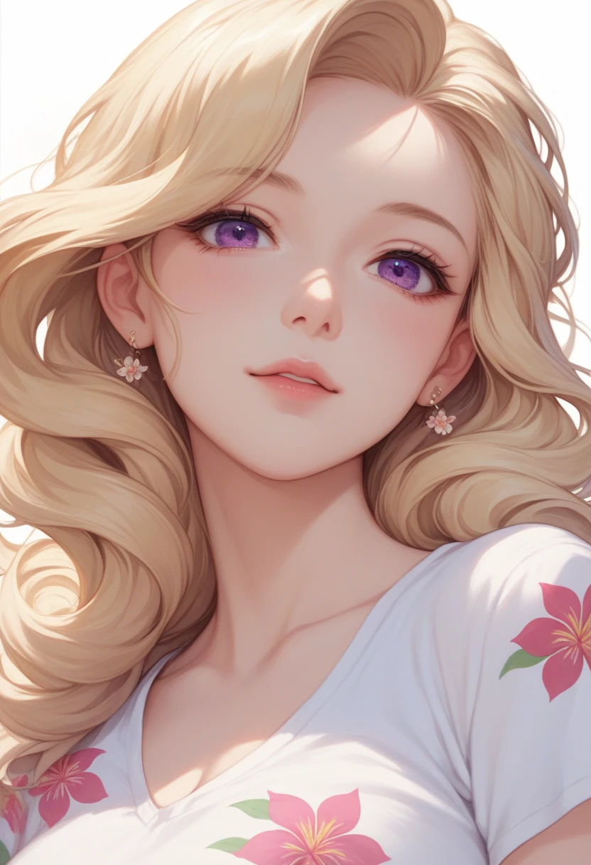 soft, silky blonde hair, adorned with subtle layers and a gentle wave, on an anime-styled female character with delicate facial features, bright, expressive purple eyes, and a warm, white skin tone, adding a touch of elegance to the character's overall appearance, set against a soft, creamy white backdrop with a subtle gradient effect, with the overall aesthetic blending Japanese-inspired kawaii elements with a touch of sophistication and glamour,  wearing a Hawaii shirt, big bust, summer